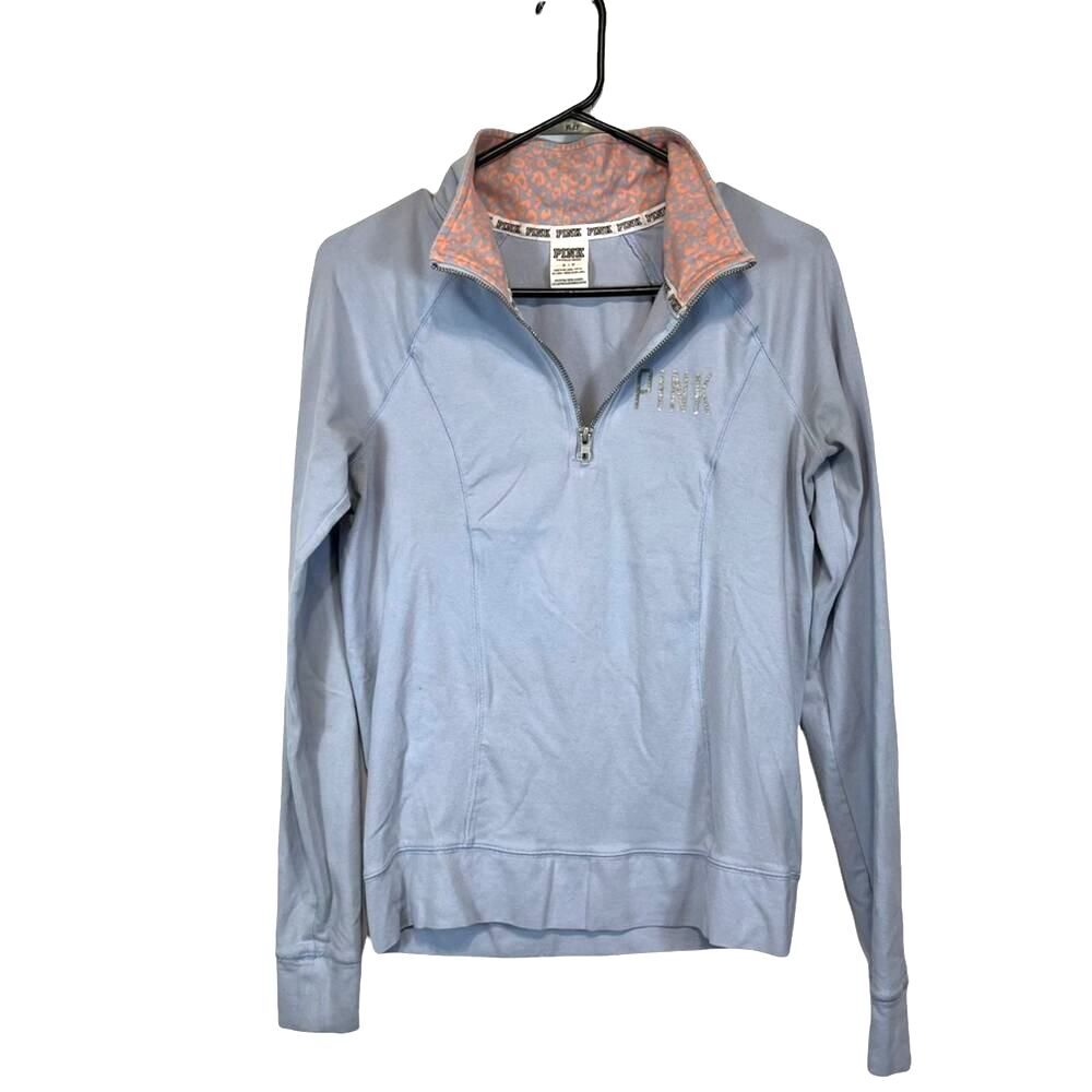 PINK Victoria's Secret Light Baby Blue 1/4 Zip Popover + Orange Leopard Small